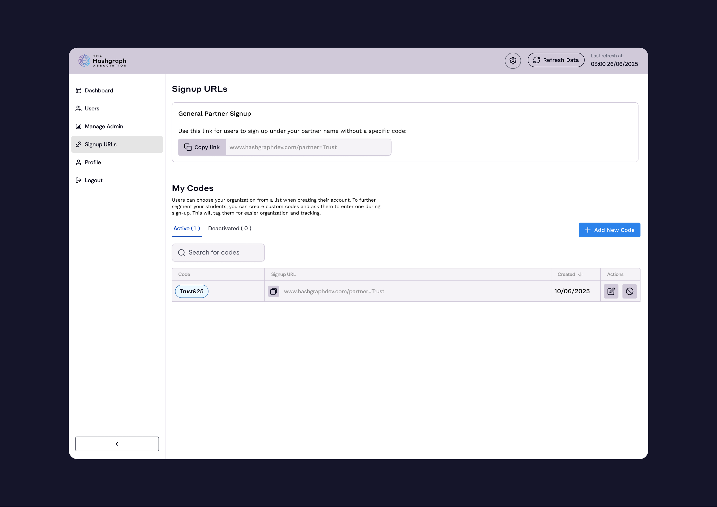 Institution admin panel - referral code management
