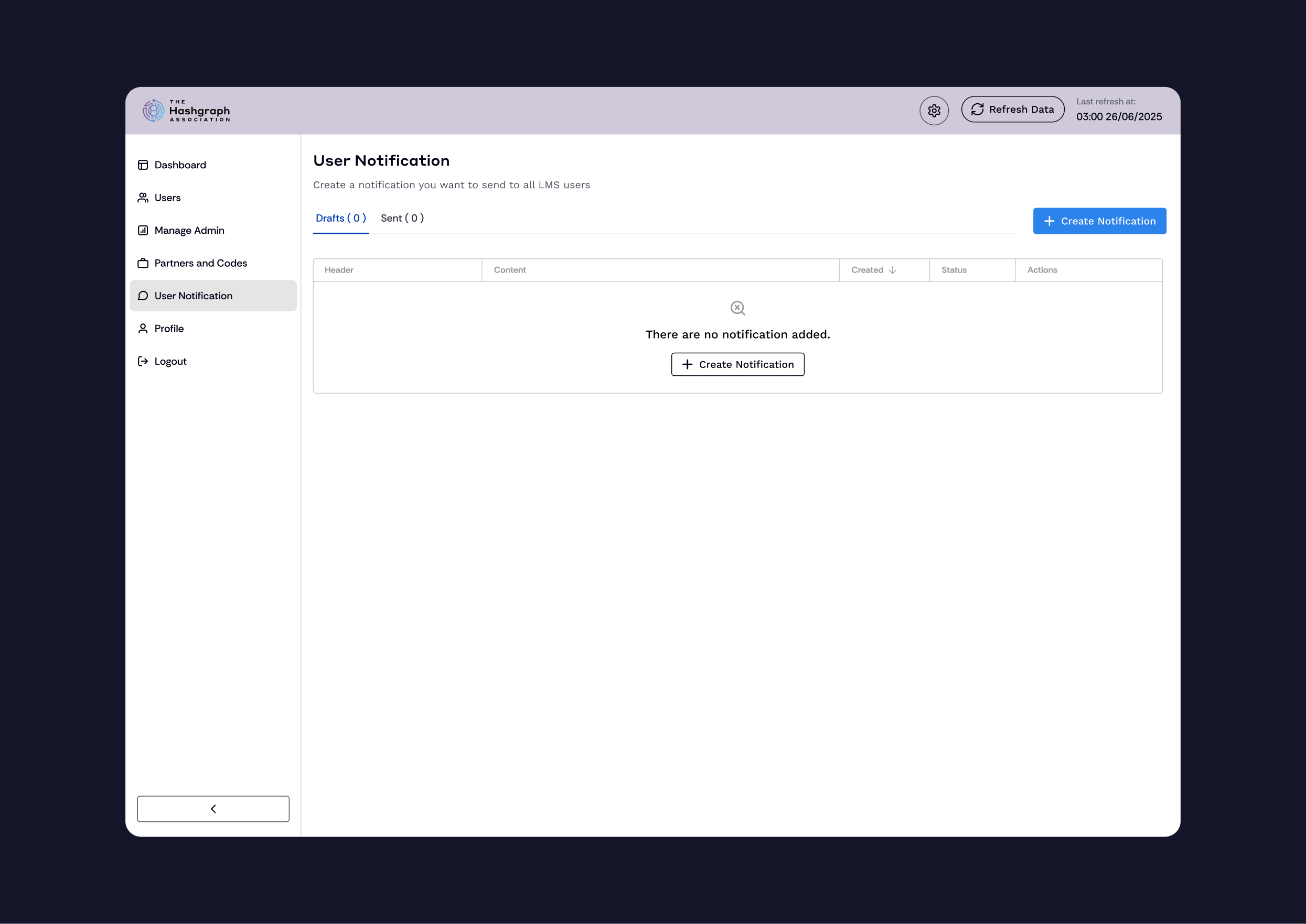 Institution admin panel - notification list view
