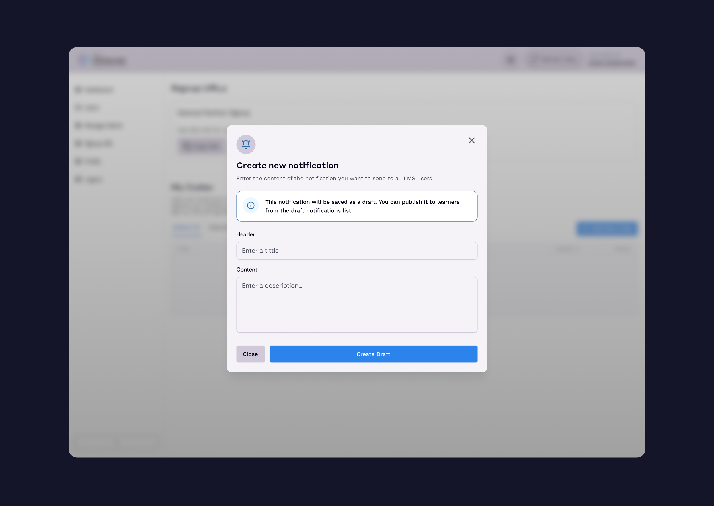 Institution admin panel - create new notification modal