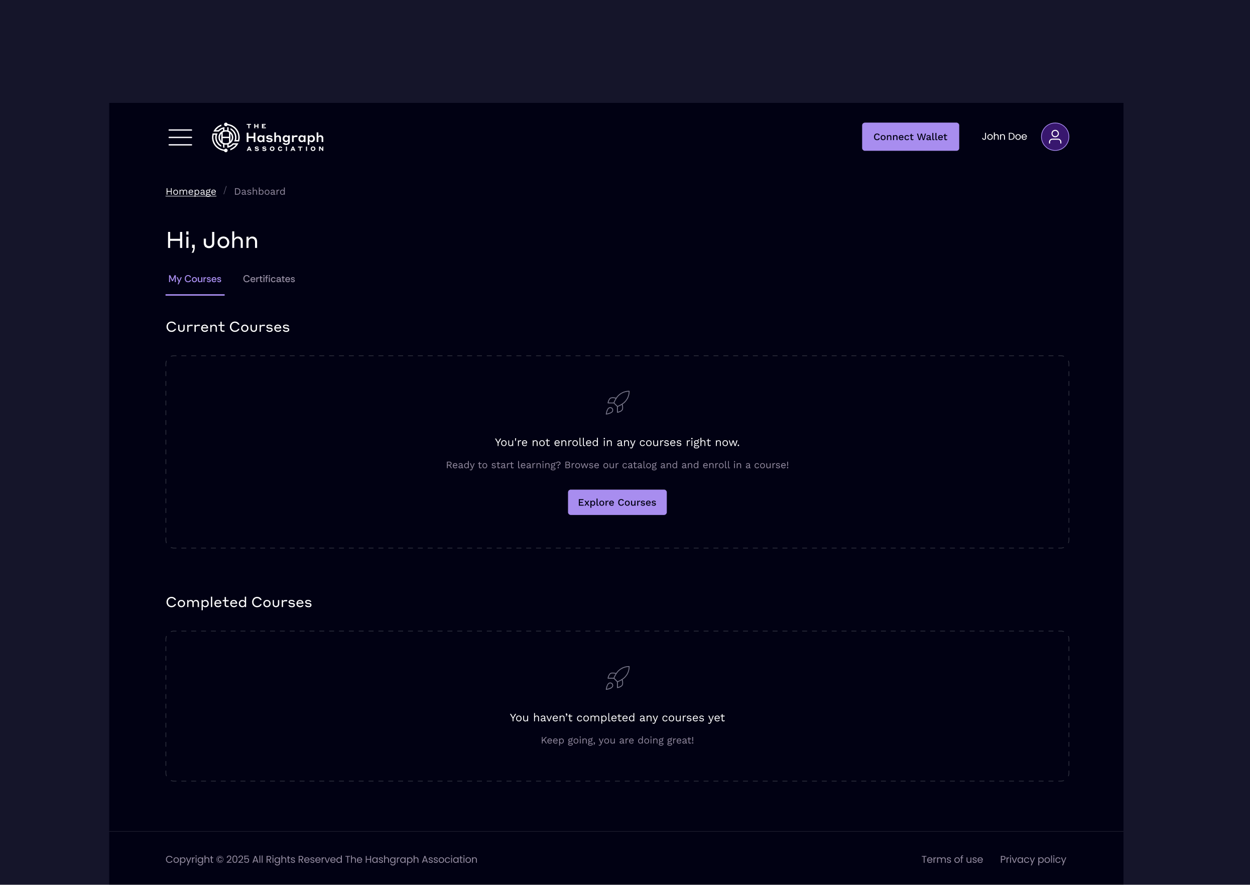 User dashboard with course and certificate overview