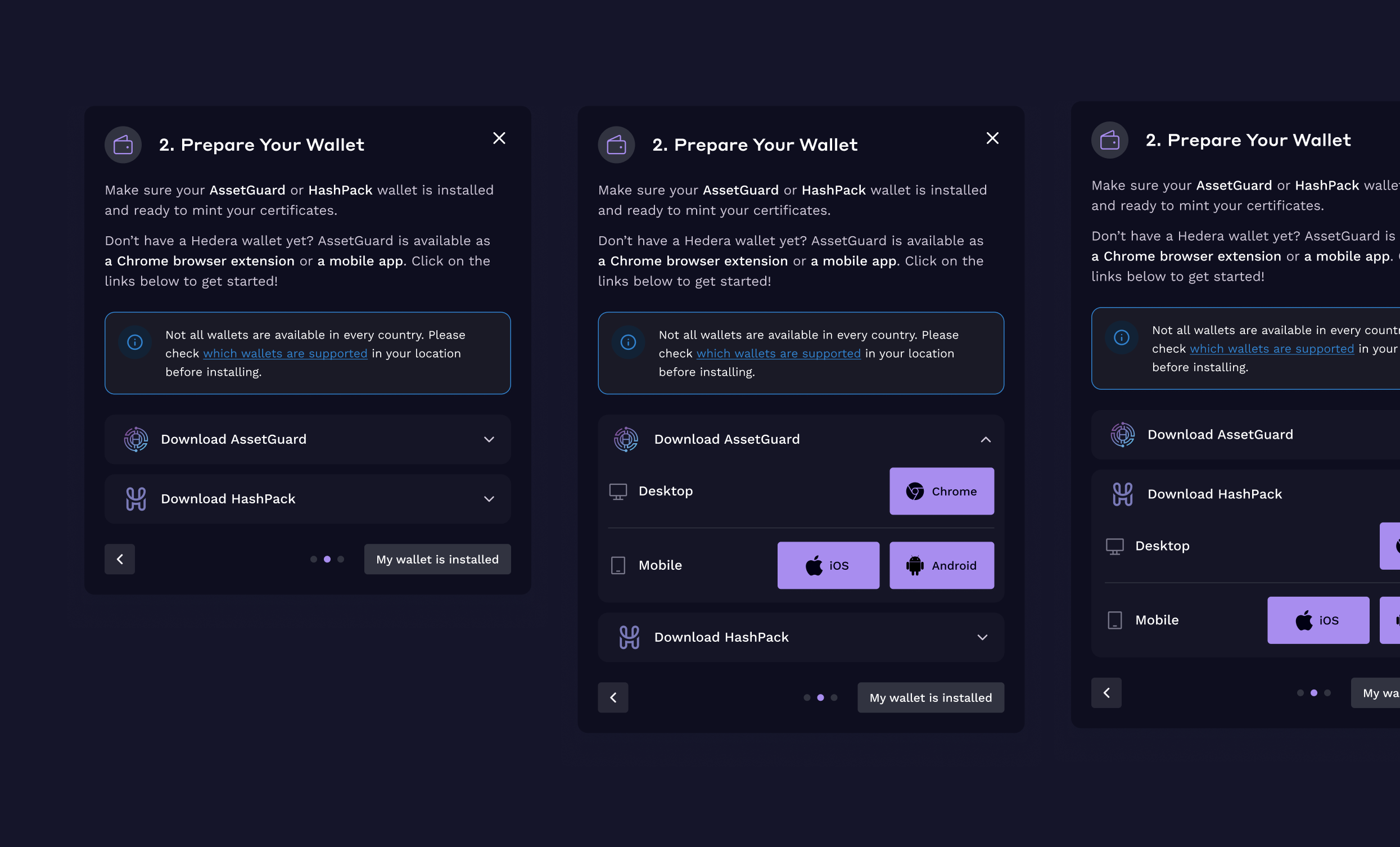 Wizard guide supporting the wallet connection process