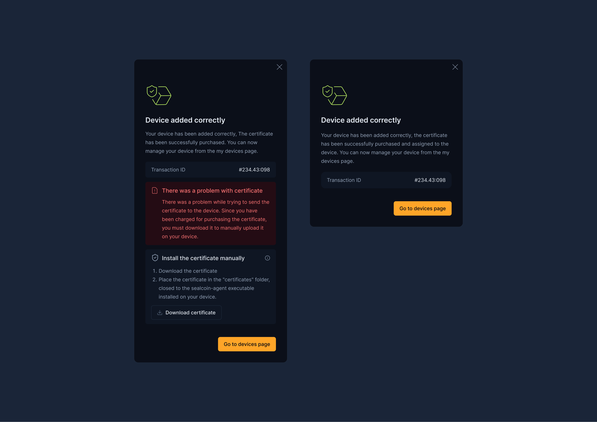 Device details with assigned certificates